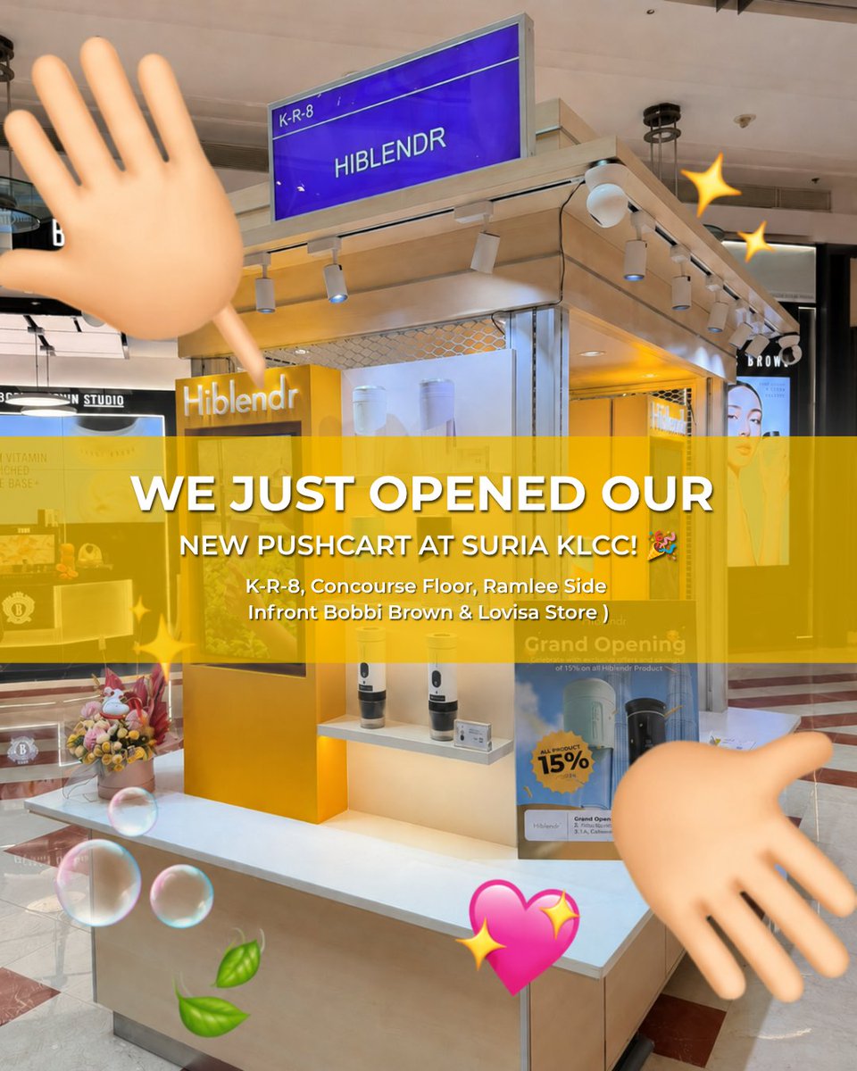 hiblendr's tweet photo. Okay, surprise revealed… 👀✨
We just opened a new HiBlendr pushcart at Suria KLCC!

See it. Hold it. Try it yourself! 
Watch the Juice Cup Ultra blend right in front of you and find your favourite colour.

📍 K-R-8, Concourse Floor, Ramlee Side
In front of Bobbi Brown &amp; Lovisa https://t.co/CZyZnbxDBh