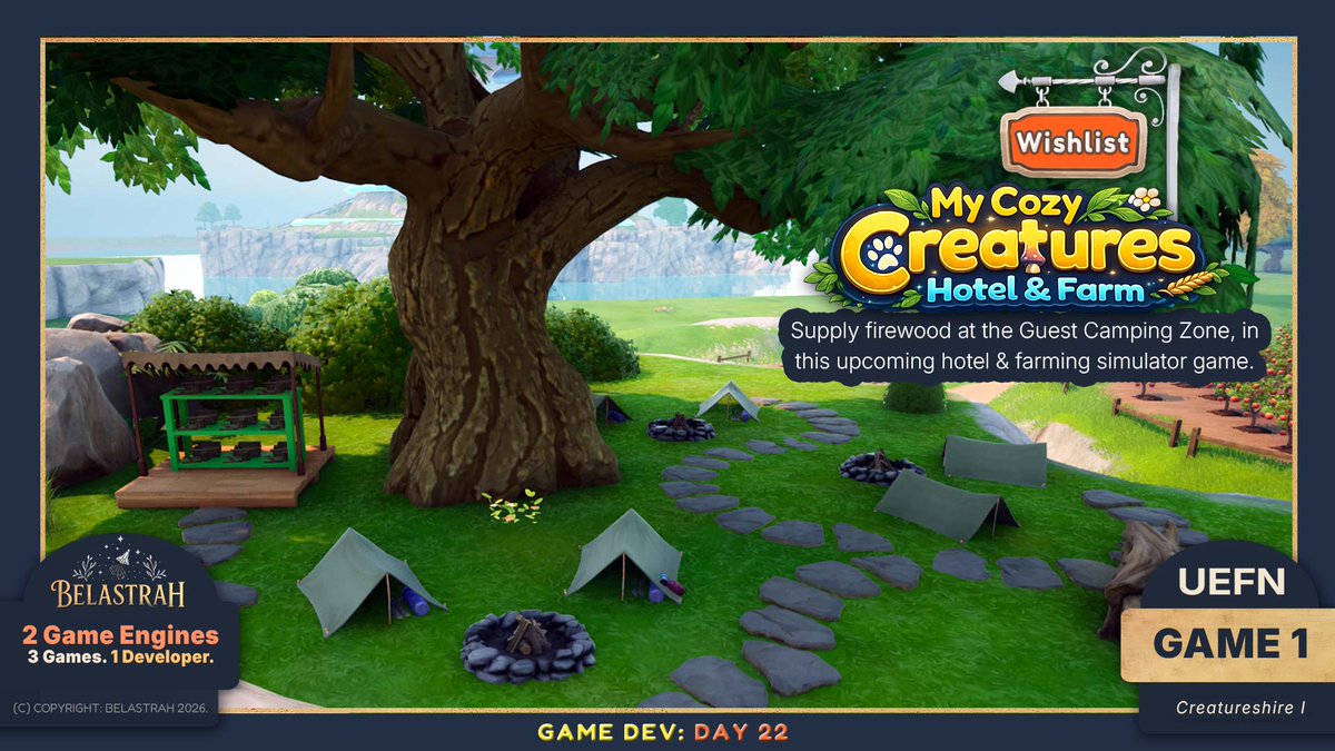 Belastrah's tweet photo. Help guests by supplying firewood at your Hotel's Camping Site in this upcoming, hotel & farming simulator game.
Wishlist Today: https://t.co/3aPWfmh6gP
#Belastrah #UEFN #CozyGameDev
👍Reply https://t.co/Ns5W320LAx