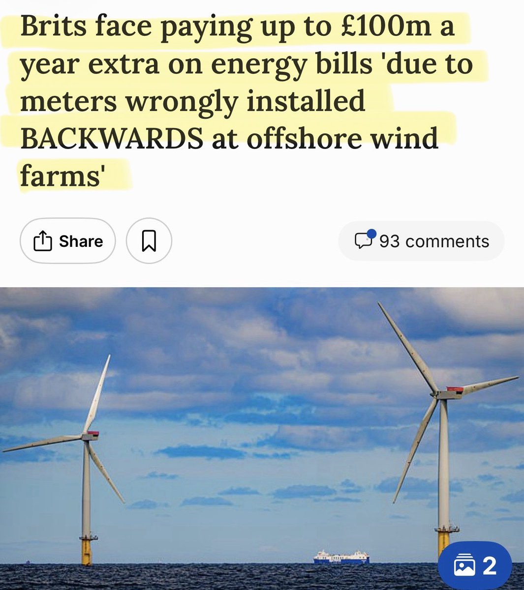 Artemisfornow's tweet photo. It’s just so incompetent I don’t know where to start! 

Hundreds of grid meters, including 416 at offshore wind connections, are sending data the wrong way round? …. potentially costing consumers up to £100m a year.

And the owners aren’t being forced to fix them! Because a ‘backward’ running meter is a regulation problem not a repair job huh??

I have nothing 🤡