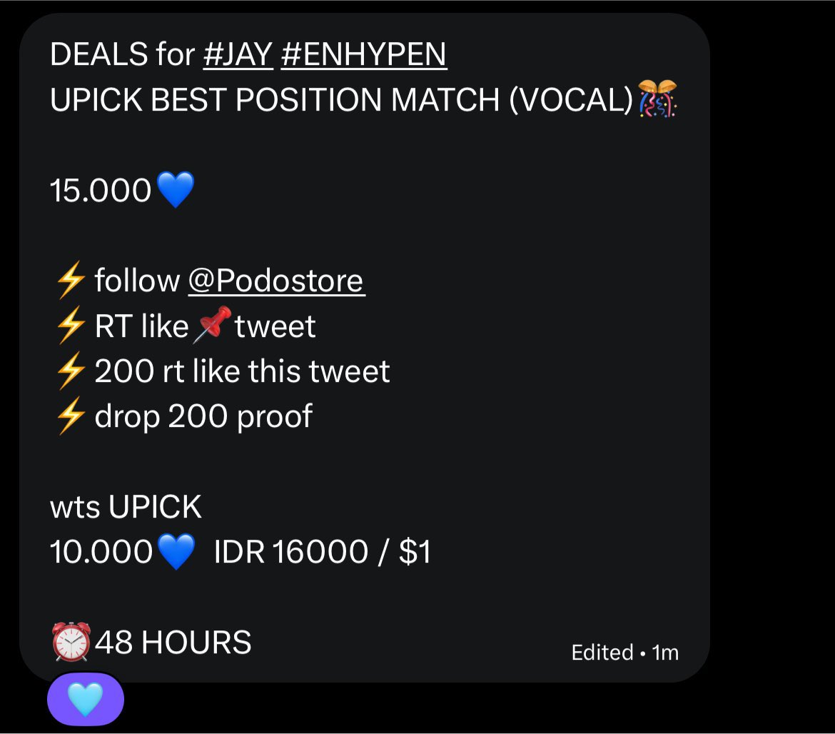 jayislovee's tweet photo. DEALS for #JAY #ENHYPEN
UPICK BEST POSITION MATCH (VOCAL)🎊

15.000💙

⚡follow @Podostore
⚡RT like📌tweet
⚡200 rt like this tweet
⚡drop 200 proof

wts UPICK
10.000💙  IDR 16000 / $1 

⏰48 HOURS https://t.co/tojB0hAYft