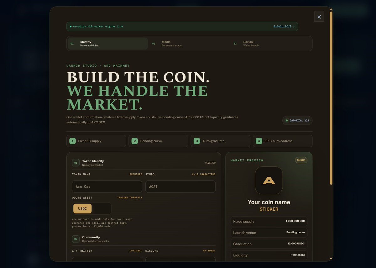 Arcodiandotfun's tweet photo. Arcodian Launchpad is live on @arc Mainnet.

Create a fixed-supply token, launch it on a live USDC bonding curve, and watch it graduate into the market when liquidity is ready.

Use the Launchpad filter to discover canonical Arcodian launches.

https://t.co/BqProxrOGF

#Arc #ArcMainnet #Launchpad #DeFi #Onchain