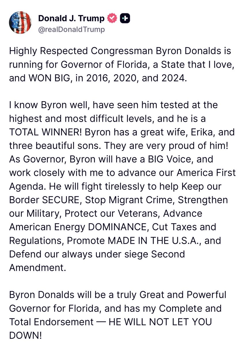 RamonDennys1's tweet photo. @MAGAVoice  President Trump just have a HUGE and total Endorsement for Byron Donalds to be Governor https://t.co/96mmAJUKsi