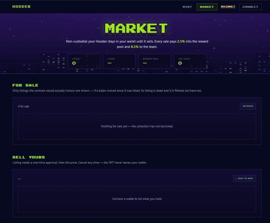 hoodernft's tweet photo. How HOODER works

Buy NVDA stock tokens > use them to mint Hooders Every mint seeds a reward pool. Every sale on the marketplace adds 2.5% to that same pool

The pool is divided across all unlisted NFTs every 24 hours. Holders claim whenever they like, and nothing expires

HOODER is launching today  

Turn notifications on 🟩
