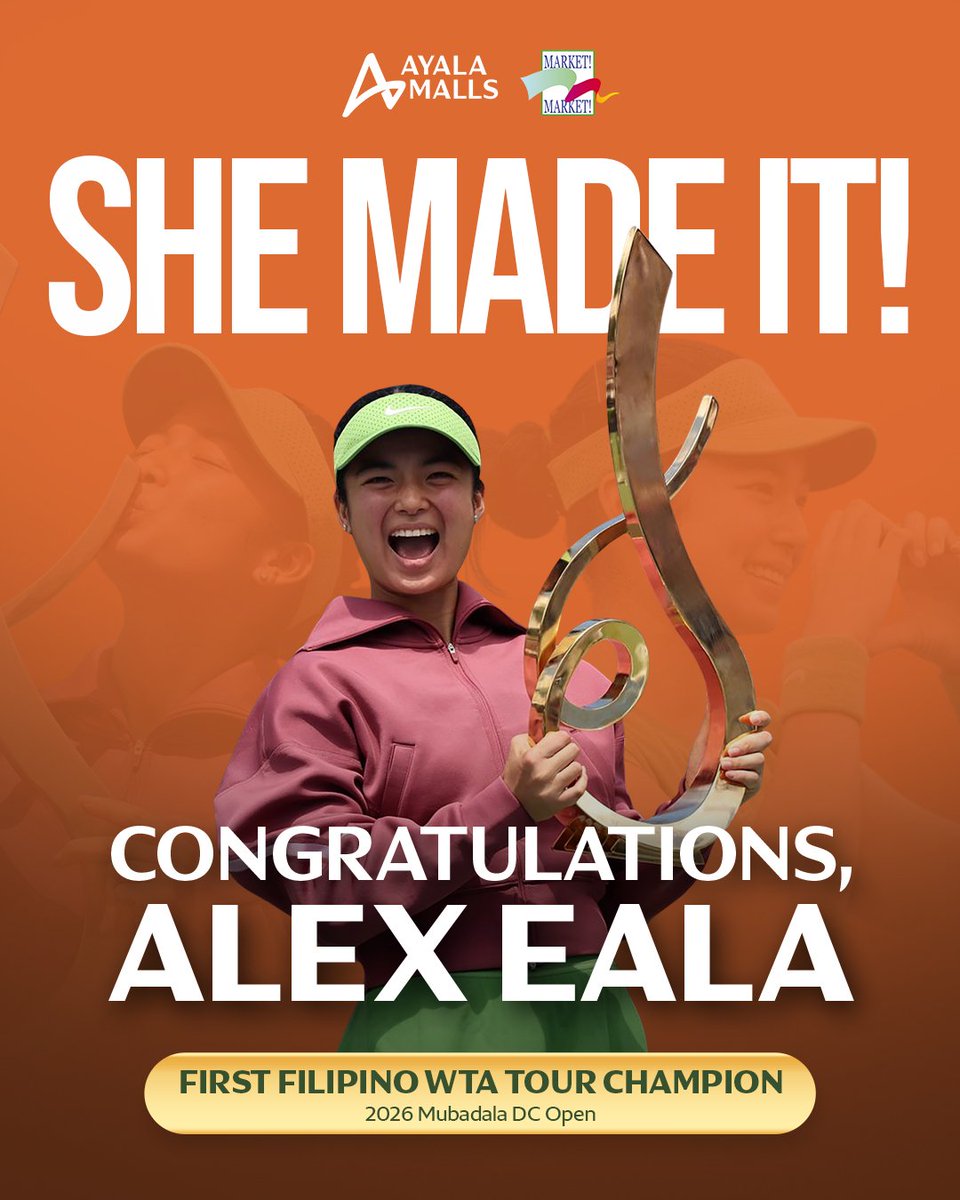MarketMarketBGC's tweet photo. She conquered. She made it. πΎππ΅π
Congratulations, Alex Eala, on becoming the first Filipino to win a WTA Tour singles title with your incredible victory at the 2026 Mubadala DC Open! We're so proud of you! β€οΈπ
#FunInTheFinds #iLoveMarketMarket #AlexEala #Tennis https://t.co/BKW880aJqu