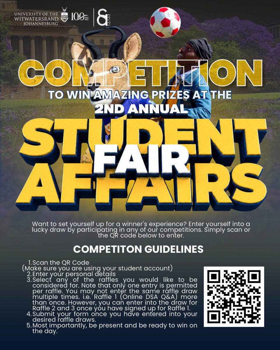 WitsUniversity's tweet photo. Witsies! π
Join us at the Student Affairs Fair to connect with Housing, Wellness, Careers, Sport & more. Enjoy entertainment, giveaways and stand a chance to win amazing prizes!
π
6 Aug | π 10:00β15:00
π Library Lawns
π² Scan the QR code to enter
#WitsForGood #Witsie4Life https://t.co/paakUmlhSX