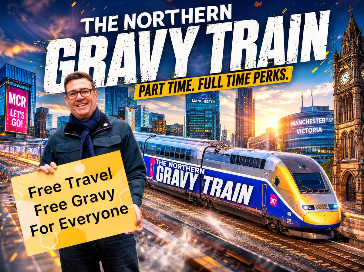 onthiroadagain's tweet photo. Prime Minister Burnham offering Free gravy to everyone that gets onboard his Northern Gravy Train. https://t.co/YVhcpvAwkA