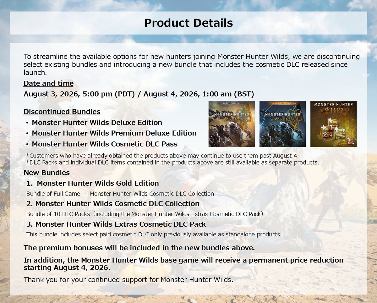 rougeric's tweet photo. @Contori_ @monsterhunter I think we are expecting the two additional bundles soon. Doesn't make sense for them to announce the Extra Cosmetics DLC pack and not have it as a standalone bundle. I hope the DLC pack gets added soon because I want to start a new save with it. https://t.co/Am9jMdMix5