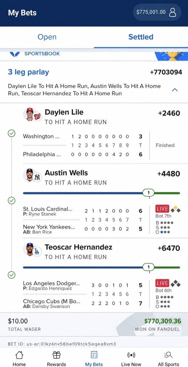 Bettypicks_'s tweet photo. The sweat was worth every second. 😮‍💨
A $10 parlay turned into $770,309.36. Home run props came through in the biggest way possible. 🔥
Like &amp; repost if you’re claiming the next one. 🍀

@Playbook https://t.co/mNAmVtWvcg