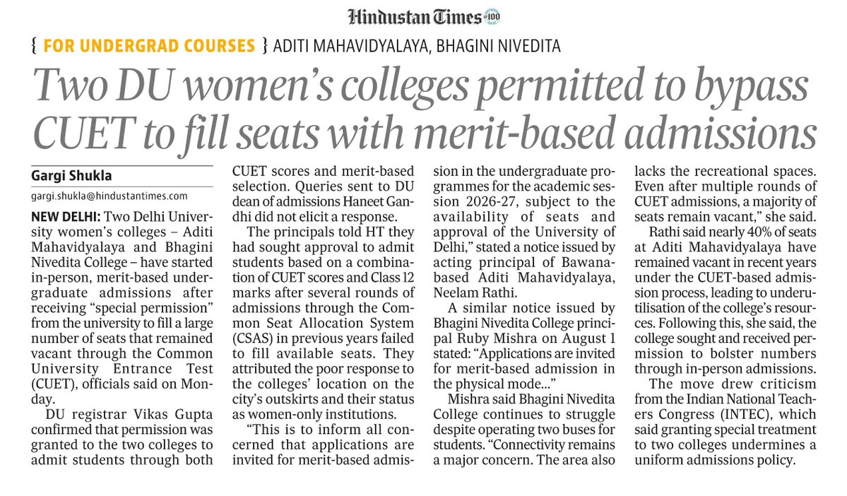 MeSanjayy's tweet photo. Govt states that CUET-UG will provide "a single window opportunity" to students to seek admission in UG courses in any of the Central Universities across the country.

Within DU, there are two windows:- students are admitted on the basis of Class 12 marks and CUET scores https://t.co/iKOTqyG6le