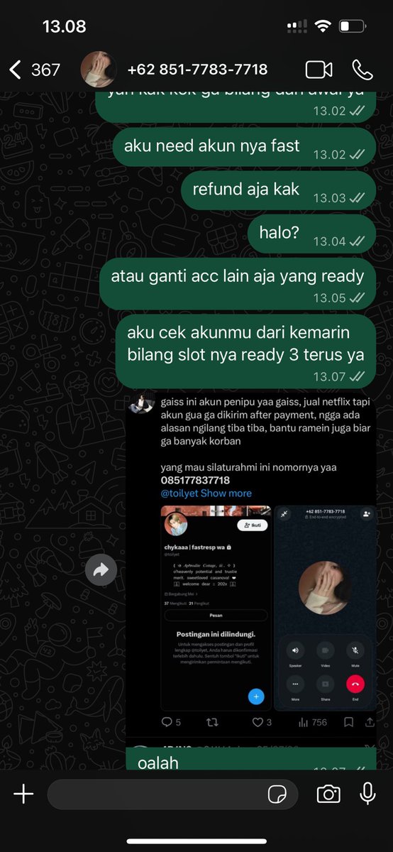 alphaabetlr's tweet photo. @kodoofk seller yang lain tolong bantu sebarin dong ini ada penipu, supaya orang lain ga kena juga 085177837718 ini no nya yaaa 🤩🤩 alasannya gak jelas aneh pokoknya. may u rot in hell #zonauang #zonajajan yuk seller lain yg trusted boleh tawarin aku netflix https://t.co/kqyxwWjXLW
