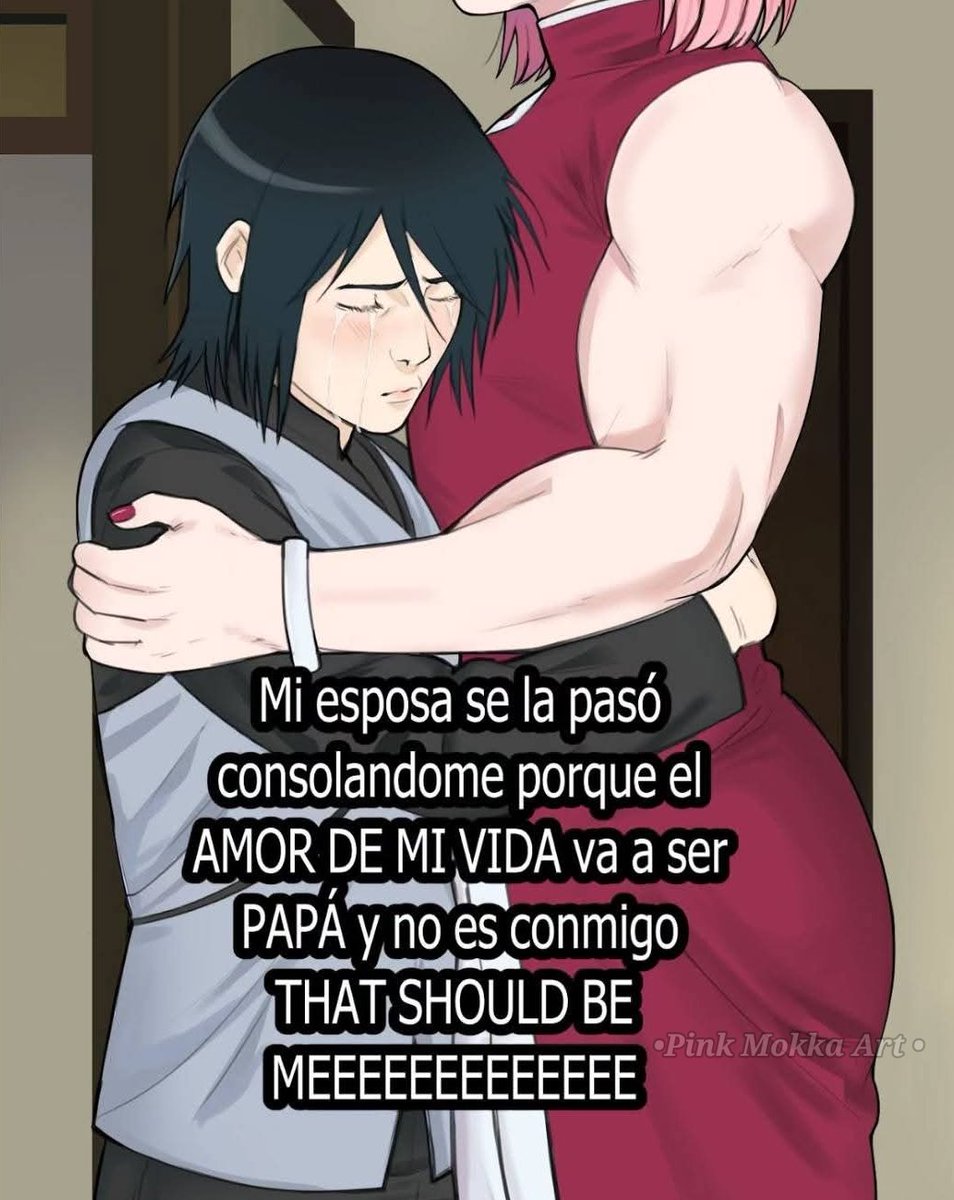 PinkMokkart's tweet photo. #Boruto #Joke 
Texto: "Mi esposa se la pasó consolándome porque el AMOR DE MI VIDA va a ser papá y no es conmigo. THAT SHOULD BE MEEEEE" https://t.co/nSX6yljmAm
