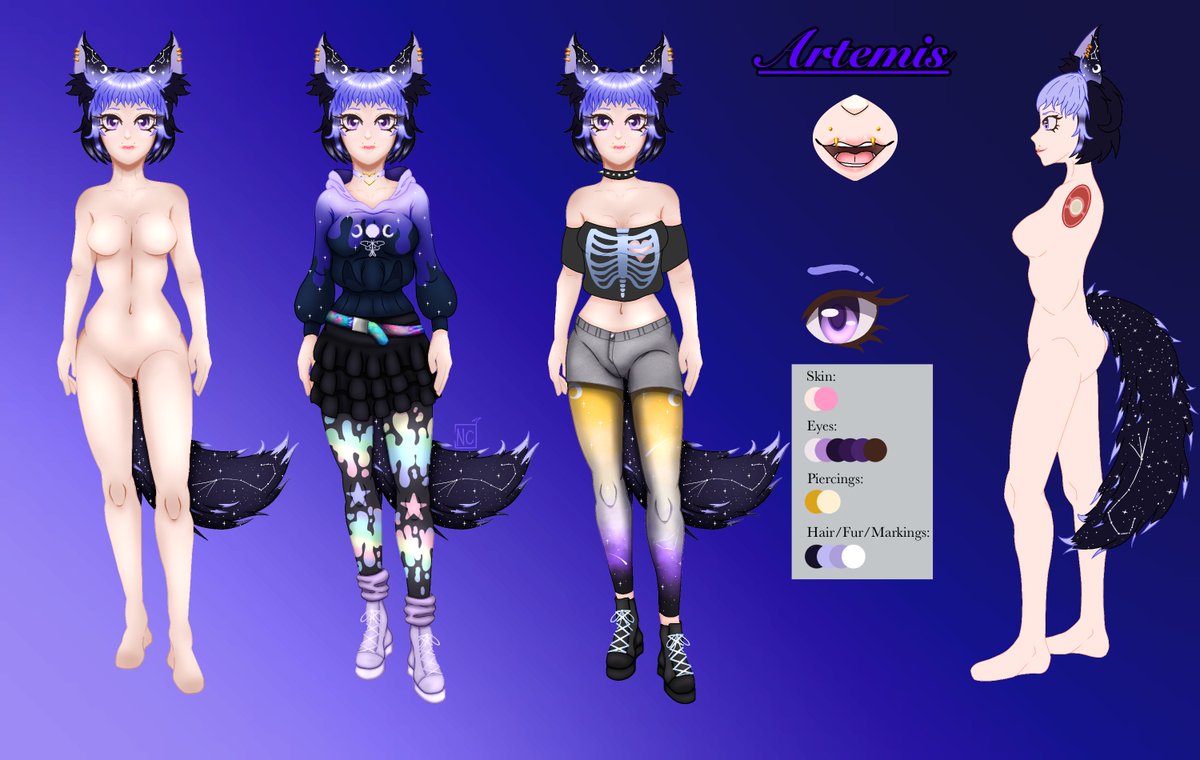 Sneakywolfbean's tweet photo. And I've finished Artemis's ref now! Yippee!
Yea yea, it's shaded... but the side view at least is flat colored.
Now to work more on her VTuber model...and figure out how to do the whole debut thing I hear ppl do as VTubers. Lol

#digitalart #art #referencesheet #vtuder https://t.co/DmkItQG9S8