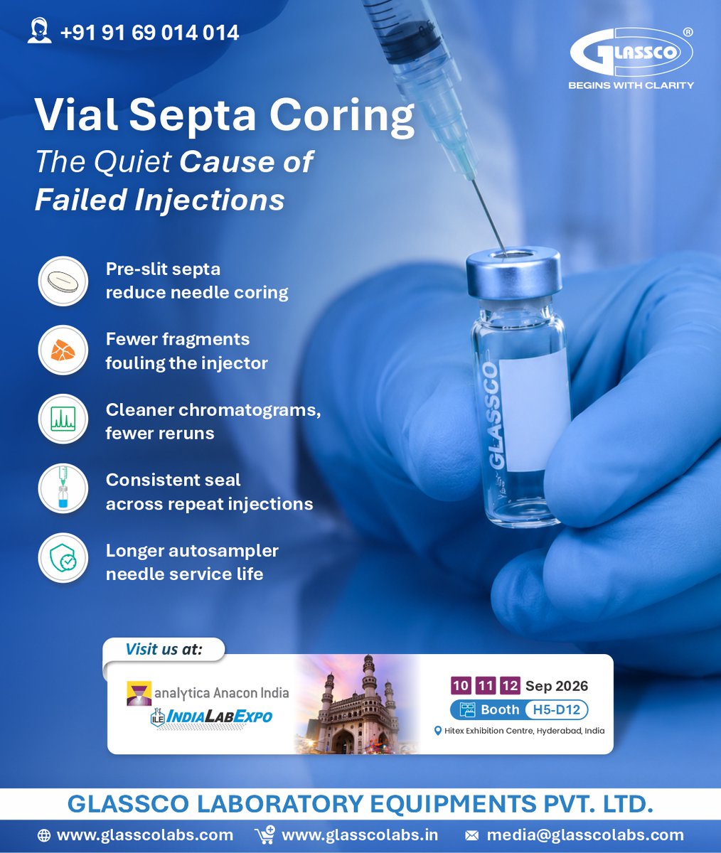 GLASSCOLABS's tweet photo. A small detail can impact your entire analysis. 🔬
Reduce septa coring for cleaner injections, consistent seals, and reliable chromatography.
#HPLCVials #Septa #Chromatography #LaboratoryGlassware #AnalyticalLab #Glassware #Glasscolabs. https://t.co/ICW2pNnxz3