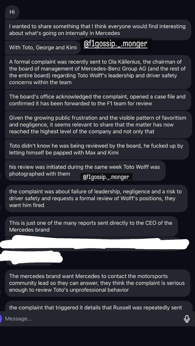 BambixRussell's tweet photo. So apparently there’s a review going on within mercedes’ about toto’s failure of leading the team?? And allegedly mercedes employees sent or want to send complaints to the FIA about george’s situation??? https://t.co/HFfZi7M9Vy