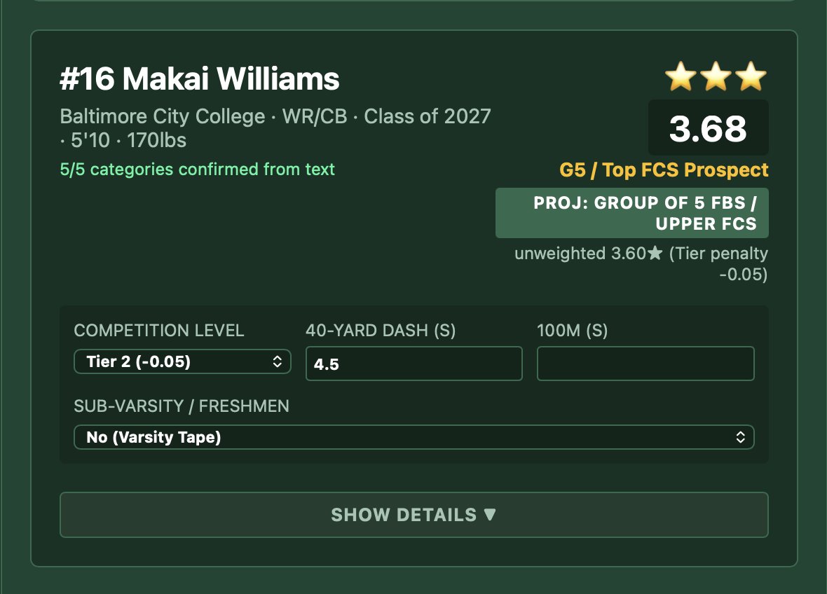HoloflixHQ's tweet photo. I evaluated @Makaiwms and he projects as a G5/Top FCS prospect. 

Positional versatility defines Williams, who transitions seamlessly between WR and CB. On tape, his spatial awareness as a defensive back is enhanced by his understanding of route concepts from his time playing WR. https://t.co/u1cnkzL1yW