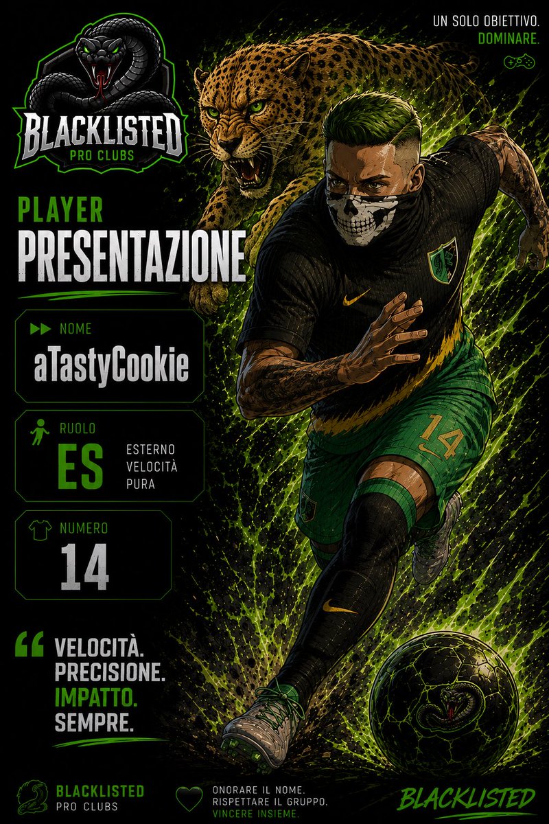 BlackListedFC's tweet photo. ⚫🟢 PLAYER SHOWCASE
Sulla fascia non concede tregua. Velocità, precisione e giocate che spaccano la partita. ⚡

🎯 aTastyCookie | ES
🔢 #14
Un solo obiettivo: DOMINARE. 🐍

#Blacklisted #FC27 #ProClubs #EAFC27 https://t.co/nouzLNzw6J