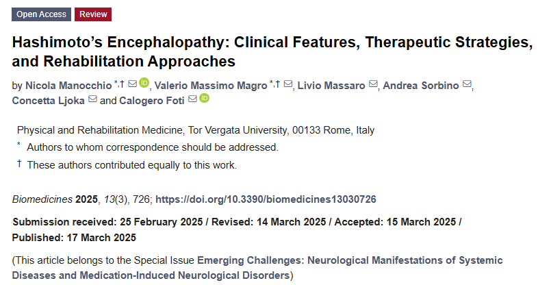 Biomed_MDPI's tweet photo. Hashimoto’s encephalopathy (HE/SREAT) can be challenging to diagnose.💭 This review explores its clinical features, diagnostic challenges and treatment options.🔍
🔗https://t.co/ei2GZna8pM
#SREAT #HE https://t.co/9tjPG8v1WT