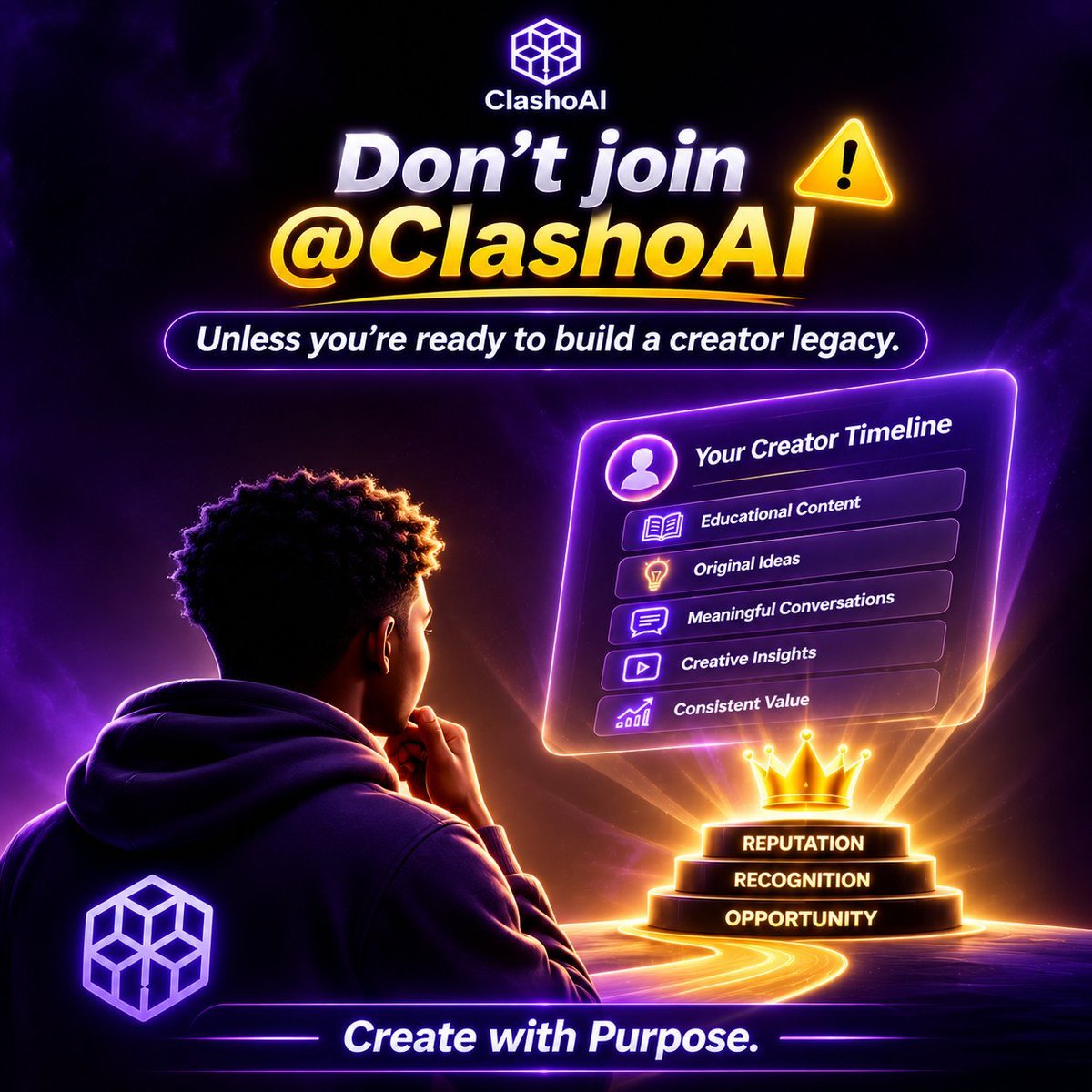 Dan3_Verse's tweet photo. Don't join @ClashoAI!

Seriously.

If all you're looking for is a place to farm rewards with low-effort posts, you'll probably be disappointed.

Don't join if you're not ready to think before you post.

Don't join if you don't enjoy learning, sharing ideas, or starting meaningful conversations.

And definitely don't join if you believe a creator's worth is measured only by likes and impressions.

Because somewhere along the way, something unexpected starts happening.

You think you're posting for a campaign but you're actually building something much bigger.

Every thoughtful post becomes part of your story.

Every original idea becomes proof of what you know.

Every conversation becomes part of your reputation.

One day, someone lands on your profile.

They don't see "campaign posts" but see months of insights.

Consistency.

Curiosity.

Growth.

They see someone worth following.

That's the part many creators don't realize.

The rewards are temporary but the timeline you're building stays with you.

So no...

Don't join @ClashoAI.

Unless you're ready to create content that your future self will be proud to scroll back to.