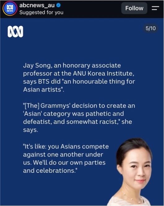 Pk_bts_land's tweet photo. ABC News Australia:

 Jay Song an honorary associate professor at ANU Korea Institute praised BTS's Grammy withdrawal, saying the new Asian category sends the message: "You Asians compete against one another under us. We'll do our own parties and celebrations." https://t.co/kmB4WsseNT
