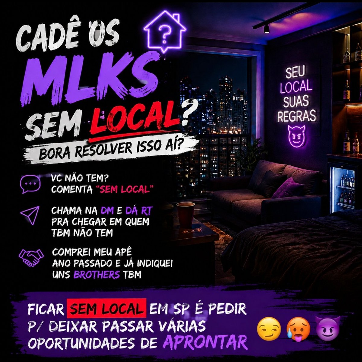 BfLeksp's tweet photo. NÃO TEM LOCAL? Comenta "Sem local"
Chama na DM e dá RT pra chegar em quem tbm não tem

Bora ver quem tem e se organizar 😏😈

Ficar sem local em SP é pedir p/ deixar passar várias oportunidades de aprontar 😏🥵😈

#semlocal #sp #pegação https://t.co/xl6oy6qfO0