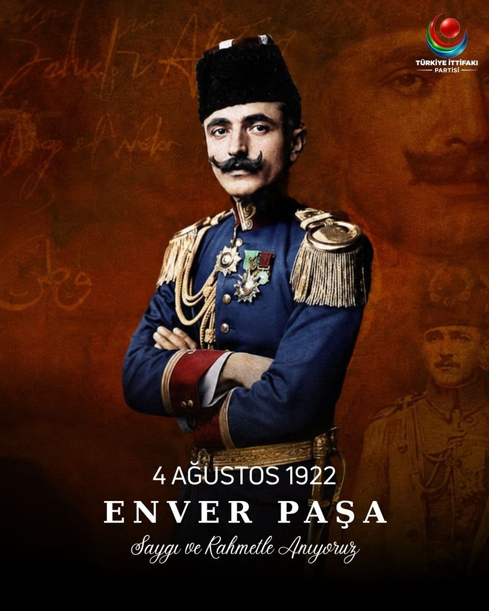 IttifakPartisi's tweet photo. 4 Ağustos 1922 günü Çeğen Tepesi’nde, emrindeki bir avuç yiğitle birlikte Rus emperyalizminin ölüm saçan mitralyöz ateşine karşı yalın kılıç atını sürerek şehadete yürüyen; 
"Allah'a yemin olsun ki tek varlık gayem; dinim, devletim ve vatanım için yaşamaktır," yemininden bir an dahi dönmeyen, Balkanlar’dan Türkistan bozkırlarına kadar Türk milletinin hürriyeti için cepheden cepheye koşan Harbiye Nazırı ve Turan Orduları Başkomutanı, Şehîd-i Âlâ ve Gâzî-i Nâmdar Enver Paşa’yı, şehadetinin sene-i devriyesinde rahmet, minnet ve dualarla yâd ediyoruz.
Mukaddes davası, Türk gençliğinin sinesinde ebediyen yaşayacaktır.
Aziz ruhu şad olsun!