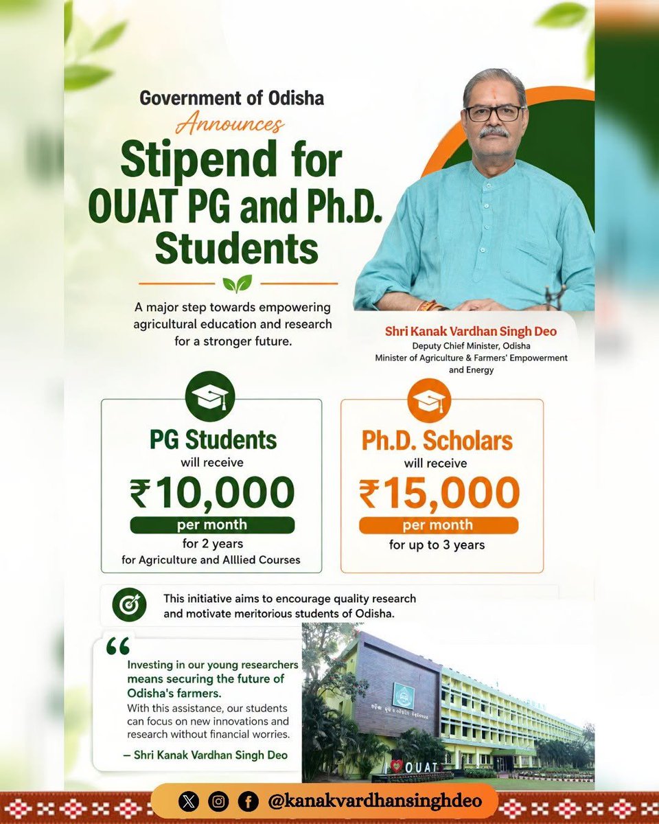 yadav_sharad84's tweet photo. #Odisha सरकार ने #OUAT के PG और Ph.D. छात्रों के लिए स्टाइपेंड शुरू किया है।• #PG Students → ₹10,000 प्रति माह (2 साल तक)
• #Ph_D. Scholars → ₹15,000 प्रति माह (3 साल तक)Deputy CM Kanak Vardhan Singh Deo ने कहा कि युवा शोधकर्ताओं में निवेश ही Odisha के किसानों के भविष्य को सुरक्षित करना है।कृषि शिक्षा और रिसर्च को बढ़ावा देने वाला सकारात्मक कदम।#Odisha #OUAT #Agriculture @CMO_Odisha
@kanakvardhansinghdeo