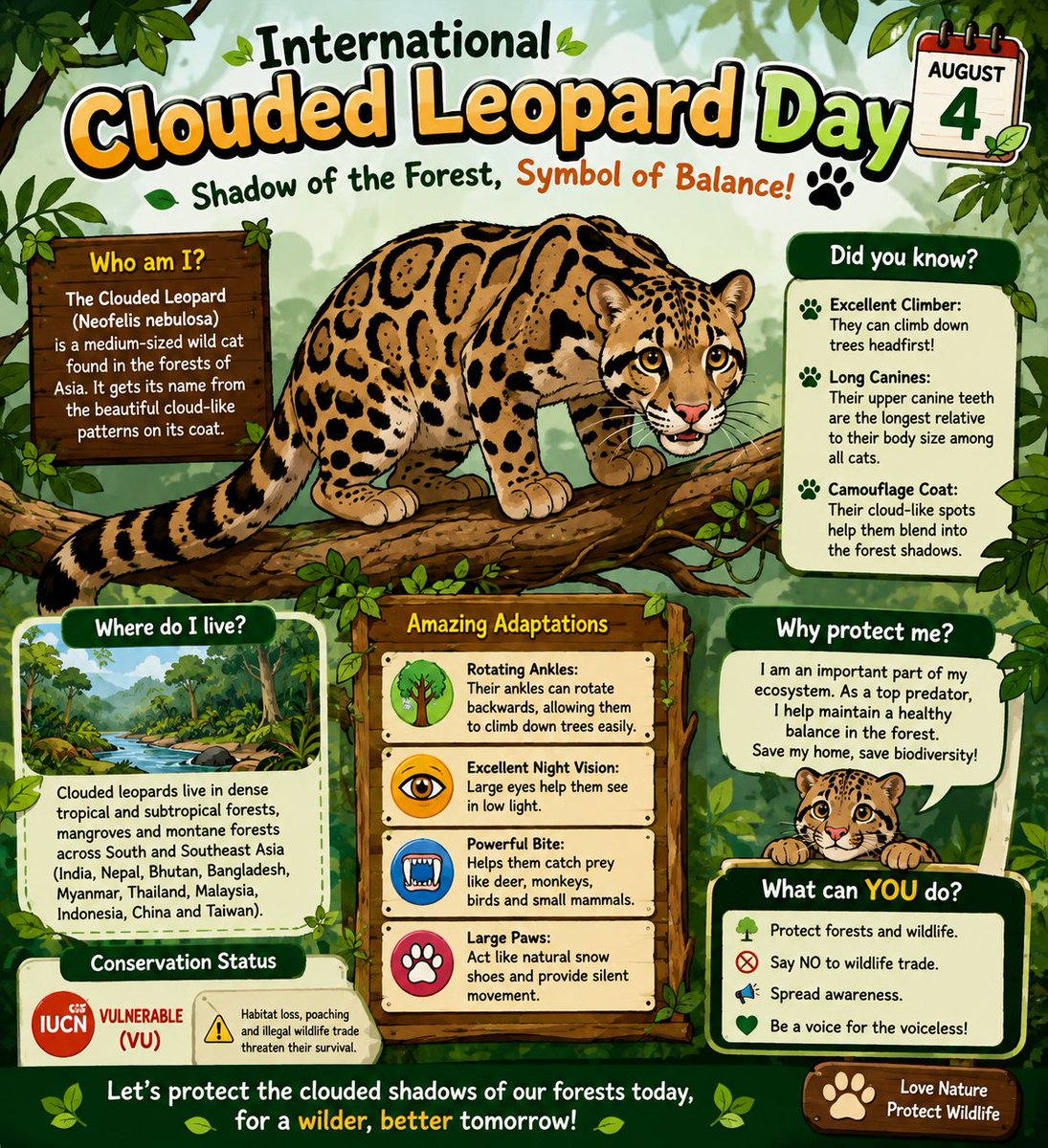 DistrictNavsari's tweet photo. On International Clouded Leopard Day, we celebrate nature's most elusive tree-dweller! With their stunning cloud-like spots and incredible climbing skills, these cats are living art. Let's protect their forest homes! 🌿🐆 #CloudedLeopardDay #WildlifeConservation #SaveBigCats https://t.co/b0QAxfAUMW