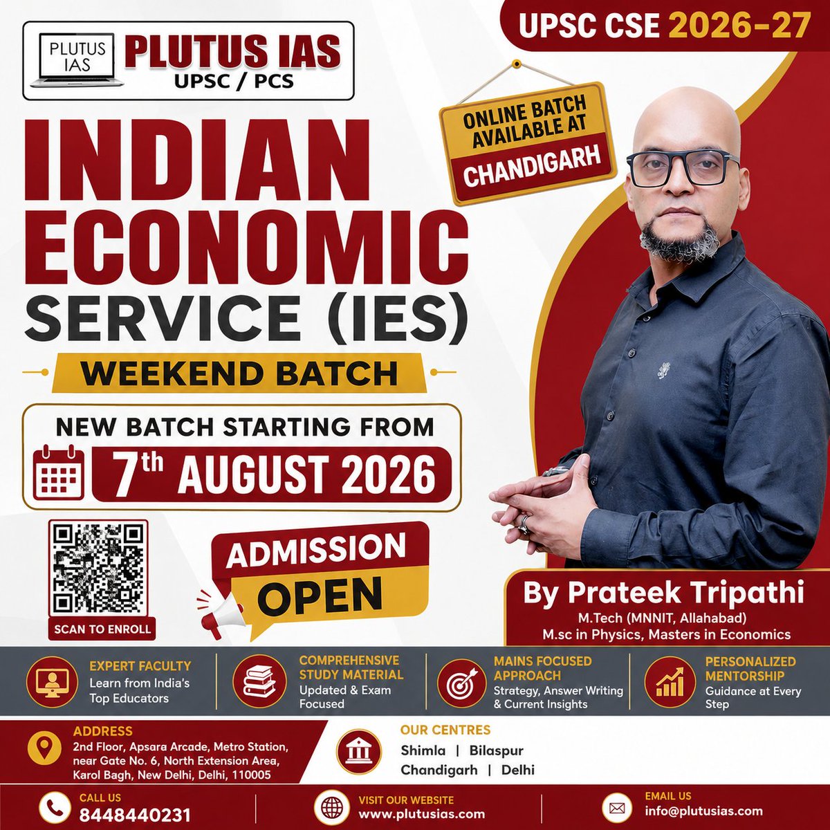 ias_plutus's tweet photo. Admissions Open! Indian Economic Service (IES) Weekend Batch for UPSC CSE 2026–27 starts on 7 Aug 2026 at our Karol Bagh, New Delhi centre. Learn with Prateek Tripathi. Enroll: https://t.co/xXW6GS6PVF #UPSC #IES https://t.co/iSiyJNTD4R