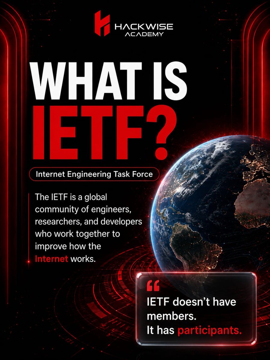 HackWiseAcademy's tweet photo. The Internet doesn’t run on magic—it runs on standards.
Ever heard of IETF?
We broke it down into 3 simple posters:
What is IETF
What are its goals
How YOU can participate
Start learning. Start contributing.
#IETF #CyberSecurity #Internet #HackWise https://t.co/dfdSDiXXZf