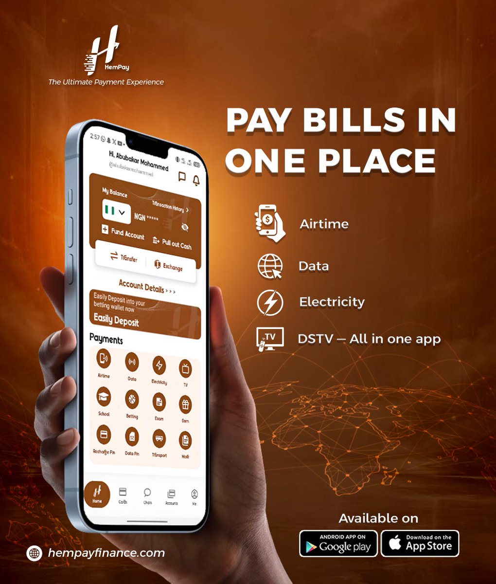 hempayfinance's tweet photo. Pay bills without the stress. Airtime, data, electricity, DSTV, school fees, betting, transport and more, all in one app.
Download HemPay today and enjoy fast, secure, and seamless payments anytime, anywhere.
#HemPay #BillPayments #Fintech https://t.co/rCdDkE8XTK