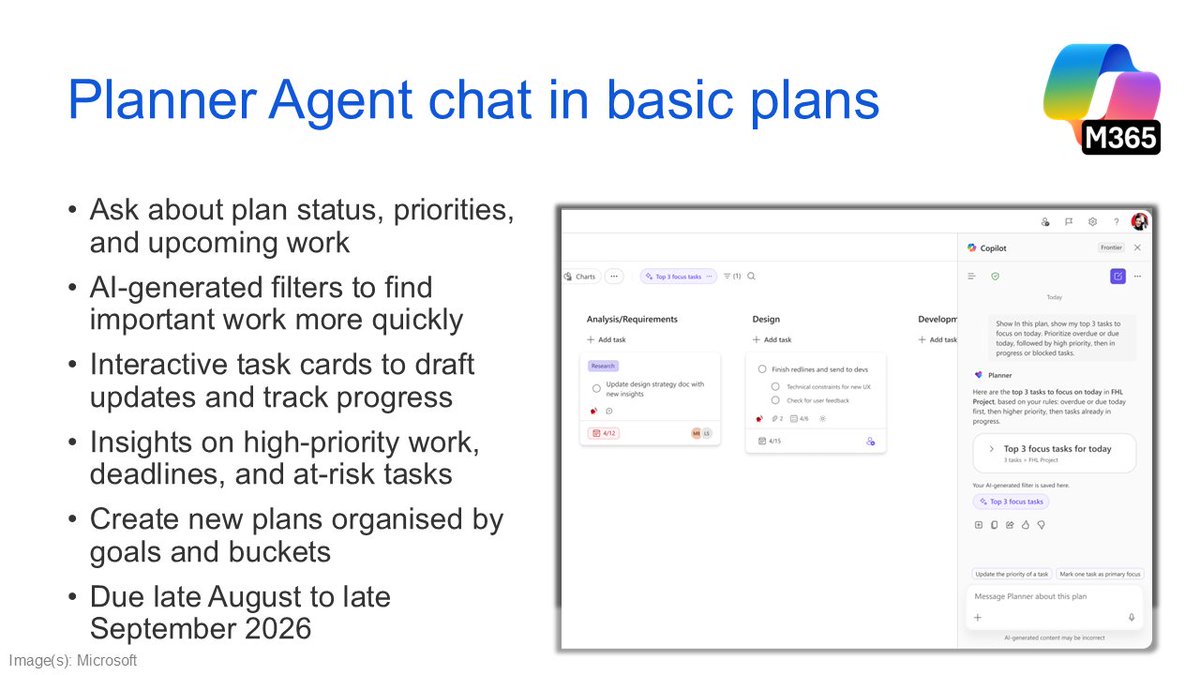 SuperSimple365's tweet photo. 🔜 Planner Agent chat comes to basic #Planner plans.

📢 No more digging through a plan to work out what needs your attention...just ask. Being able to do this in basic plans, not just premium, means more people can try it 👍

📆 Due late August to late September 2026.

🔗 Read more: https://t.co/aF58jXW4Mp.