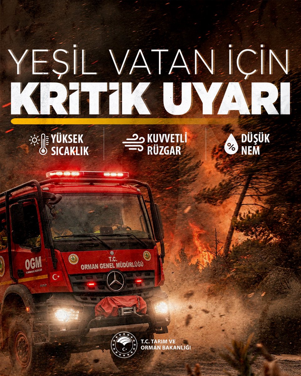 ibrahimyumakli's tweet photo. YEŞİL VATAN İÇİN KRİTİK UYARI 👇

🌡️ Meteorolojik verilere göre; bugün ve yarın başta Çanakkale, Balıkesir, Bursa, İzmir ve Manisa olmak üzere kıyı bölgelerimizde orman yangınları açısından risk teşkil edecek seviyede şiddetli rüzgâr bekleniyor.

Lütfen bu süreçte:

▪️ Ormanlık alanlarda ve yakın çevresinde kesinlikle ateş yakmayalım.
▪️ Kuru otluk alanlara yanıcı madde atmayalım.
▪️Anız ve bahçe atığı yakma gibi işlerden uzak duralım.
▪️ En ufak bir duman veya şüpheli durumu anında 112 Acil Çağrı Merkezi'ne bildirelim.

🌲 #YeşilVatan’ımızı korumak için tüm ekiplerimizle sahadayız. Ama unutulmamalıdır ki en büyük gücümüz vatandaşlarımızın duyarlılığı ile yangın çıkmasını önlemektir.

Devletimizin tüm imkânları ve orman kahramanlarımızın fedakâr mücadelesi kararlılıkla sürerken; bu kritik günlerde tedbiri elden bırakmıyor, ortak evimiz doğamıza hep birlikte sahip çıkıyoruz.

@ogmgovtr