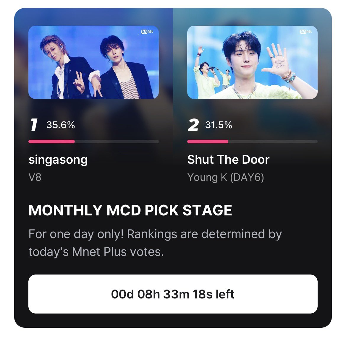 allfor17voting's tweet photo. [𝗠𝗡𝗘𝗧 - 𝗠𝗼𝗻𝘁𝗵𝗹𝘆 𝗠𝗖𝗗 𝗣𝗶𝗰𝗸 𝗦𝘁𝗮𝗴𝗲]

Ends today at 11:59PM KST! 

Vote for V8’s ‘Singasong’ performance on Monthly MCD Pick Stage! 

🗳️: 5 times per account/device
🔗: https://t.co/xxuAc5bGjt
🏆: Physical Trophy + Ad https://t.co/1iIfE4Cmkj