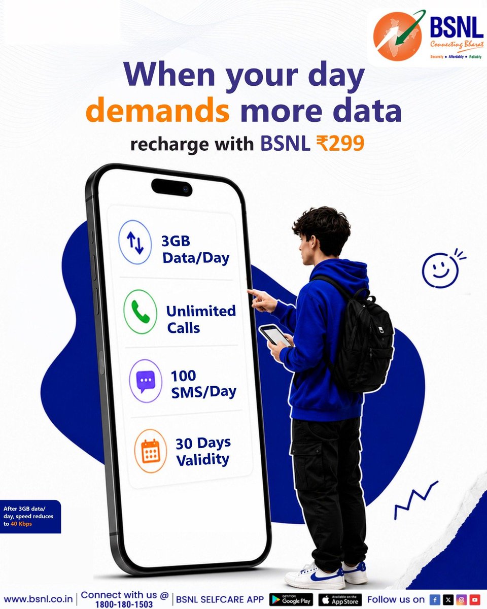 BSNL_TN's tweet photo. 💥More data means more of what you love. 💥
If your screen time is always on the higher side, this plan is made for you. Stay online without checking data #StayConnected #InternetForEveryone #DigitalLife #IndiaOnline #BSNLServices #SmartIndia #EverydayConnectivity #299plan https://t.co/fi7gFv6LCK