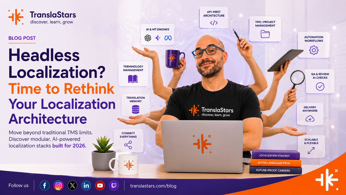 TranslaStars's tweet photo. 🚀 𝗧𝗠𝗦 𝗼𝗿 𝗛𝗲𝗮𝗱𝗹𝗲𝘀𝘀?
The future of #localization isn't about replacing your #TMS, it's about choosing the right #architecture.
🤖 #AI
🔗 APIs
⚡ #Automation
🧩 Hybrid stacks
Discover which approach best fits your organization👇
📖 https://t.co/eDFKwiP3eh https://t.co/7Ac2HCSrVh