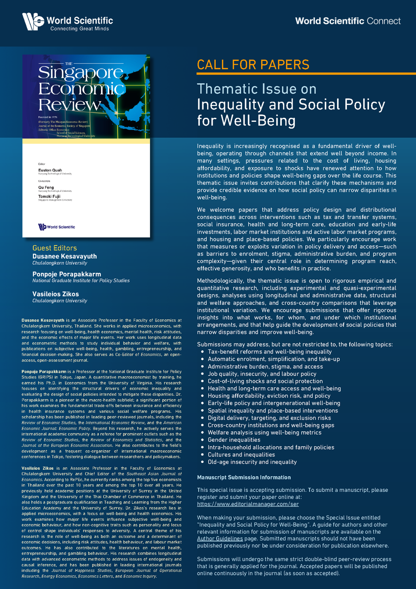 Economics_Chula's tweet photo. 📢 Chula Economics will host the Singapore Economic Review Thematic Conference (July 2027)

We also serve as editors for a Thematic Issue on
 “Inequality and Social Policy for Well-Being” https://t.co/Z2UztAOjZI