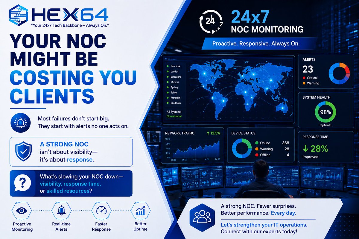 HEX641's tweet photo. Your NOC Might Be Costing You Clients
Small misses. Slow responses. Silent issues.
That’s how MSPs lose client trust — not big outages.
What’s your biggest NOC challenge today?
#NOCServices #MSP #ManagedServices #ITSupport #NetworkOperations #MSPCommunity #MSPLife #MSPGrowth https://t.co/XcWT8sw8eL