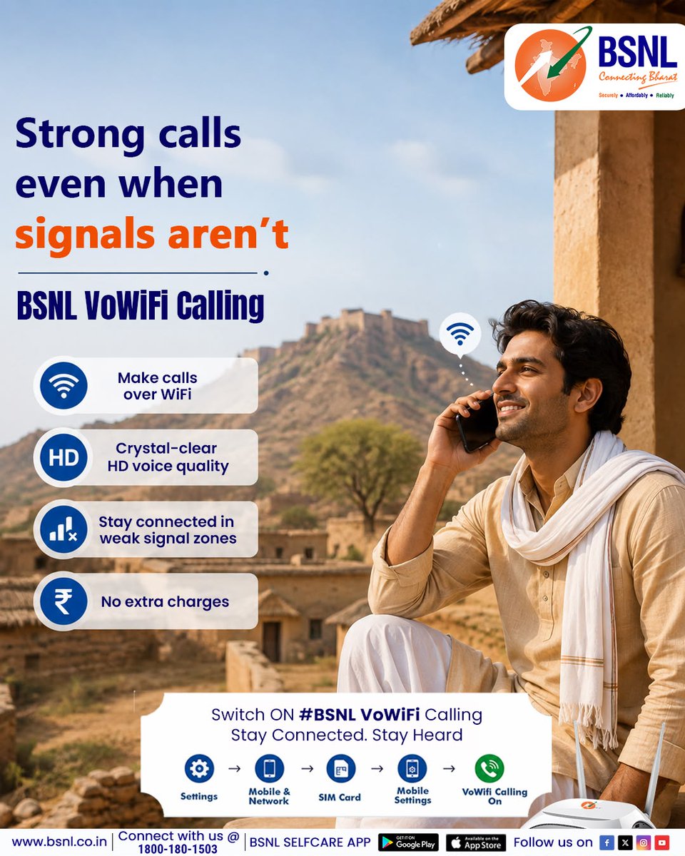 BSNLCorporate's tweet photo. Weak signals shouldn’t interrupt important conversations.
With BSNL VoWiFi Calling, make crystal-clear voice calls over WiFi even in low network coverage areas, at no extra cost.
#BSNLIndia #StayConnected #InternetForEveryone #DigitalLife #IndiaOnline #BSNLServices #SmartIndia #EverydayConnectivity #vowifi @CMDBSNL @robertravi21