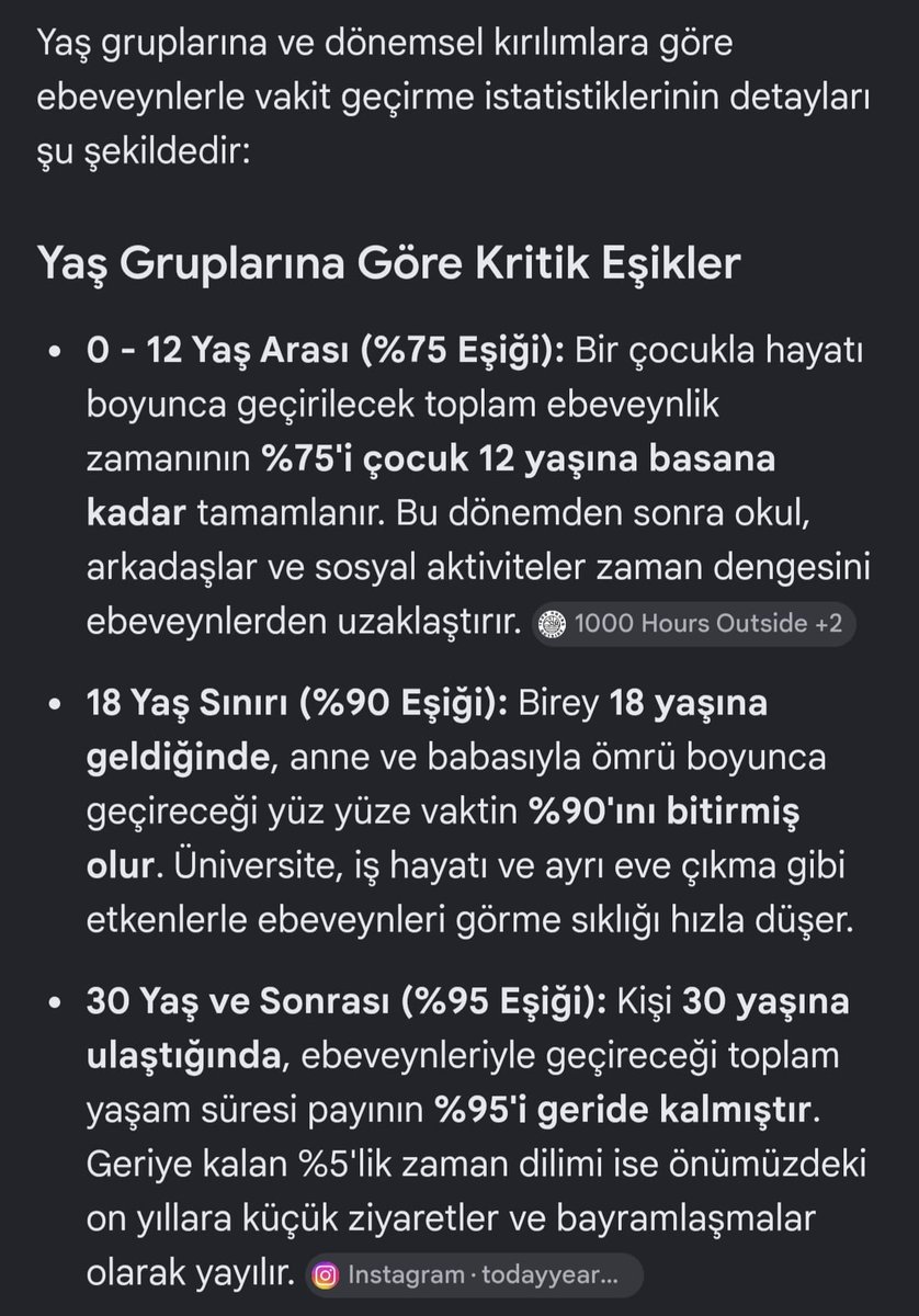marazicardi's tweet photo. @gonul_0103 @semihakdagg @bosunatiklama İstatistik mi okuyalım, Türkiye'de ortalama yaşam süresi 80 ila 85 yaş arasında bu da çocukların çok rahat 30 35 yaşına kadar ebeveynleri ile vakit geçirebileceğini söylüyor bize. Attığım görselde de yaşla ilintili olarak ebeveynlerle geçirilen süreler mevcut. İstatistik önemli. https://t.co/SQIWrf9V64