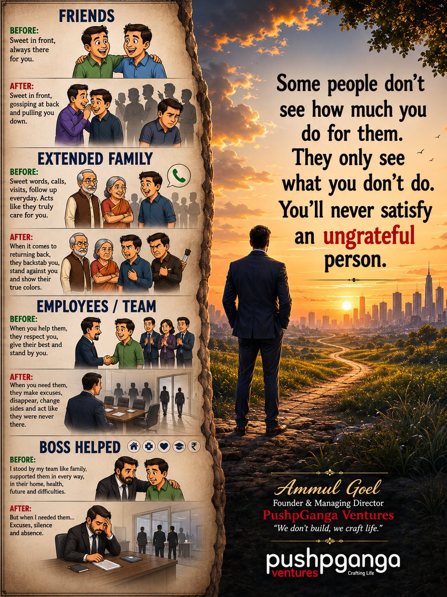 ammulgoel's tweet photo. Not everyone who smiles at you wishes you well. Not everyone you help will remember your kindness.

Life has taught me that some people remember the one thing you couldn’t do, while forgetting the hundred things you quietly did without ever expecting anything in return.

Some friends walk beside you only while the road is smooth. Some relatives call every day—until the day you need them. Some employees call you family until a better opportunity comes along. And sometimes, the people you trusted the most become your greatest life lesson.

Perhaps the saddest reality of our time is this: many people no longer measure the value of a relationship by loyalty, trust, or love. They measure it by convenience, money, and personal gain. When greed enters the heart, gratitude quietly walks out.

But never allow someone else’s ingratitude to change your character.

Help because it reflects who you are, not because you expect appreciation. Trust with wisdom, not blindness. Give with kindness, but never at the cost of your self-respect.

Remember, gratitude is a choice. Character is a decision.

The greatest revenge is not proving anyone wrong. It is continuing to grow while others remain trapped in the habit of using people instead of valuing them.

In a world that is chasing wealth, choose to build relationships. Money can buy comfort, but it can never buy loyalty, respect, or genuine love. Those are earned through character, not currency.

Protect your peace. Protect your purpose. Keep moving forward.

Because in the end, your character is your true legacy—not their opinion of you.

—

Ammul Goel
Founder & Managing Director
PushpGanga Ventures
“We don’t build, we craft life.” #ammulgoel #pushpgangaventures #thoughtoftheday