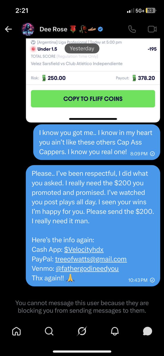 FatherGodHelpMe's tweet photo. @Dee_rose901 Scamming @ChalkboardHQ referrals is crazy. You offer $200 then blocked people instead of paying them @whop know your scamming customers?? Send what you owe in 24 hours or I will leak every play you ever make for the rest of your life. On God. https://t.co/cjK10ZgAbj