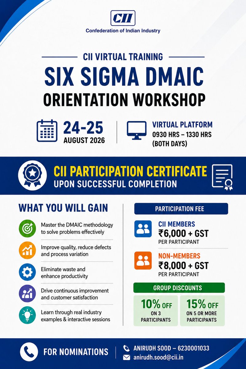 cii4nr's tweet photo. In today's fast-changing business landscape, organizations need professionals who can solve problems systematically, reduce process variation, improve quality, and drive continuous improvement.

The Confederation of Indian Industry (CII) invites professionals across industries to join the Six Sigma DMAIC Orientation Workshop.

What you'll learn:
✅ Lean & Six Sigma fundamentals
✅ Understanding the 8 Wastes
✅ DMAIC (Define, Measure, Analyze, Improve & Control) methodology
✅ Practical tools for process improvement
✅ Real-world case studies from manufacturing & services
✅ Interactive quizzes and learning assessment

🎓 All successful participants will receive a CII Participation Certificate.

👥 Who should attend?
Professionals from Manufacturing, Services, Healthcare, IT/ITES, Engineering, Logistics & Supply Chain, Quality, Operations, and Process Excellence.

Participation Fee
• CII Members: ₹6,000 + GST
• Non-Members: ₹8,000 + GST

Group Discounts Available
• 10% discount for 3 nominations
• 15% discount for 5 or more nominations

👨‍🏫 Faculty: Mr Suresh Kumar R
Senior Counsellor – Lean Six Sigma, CII Bengaluru
Certified Six Sigma Master Black Belt with extensive industry experience in driving business transformation and operational excellence.

🔗 Register Now: https://t.co/1pyzxtpFU6

For participation and nominations:
📞 +91 62300 01033 |✉️ anirudh.sood@cii.in

#CII4NR #LeanSixSigma #DMAIC #OperationalExcellence #ContinuousImprovement #QualityManagement #ProfessionalDevelopment #SkillDevelopment #Training #VirtualWorkshop

@CIIEvents