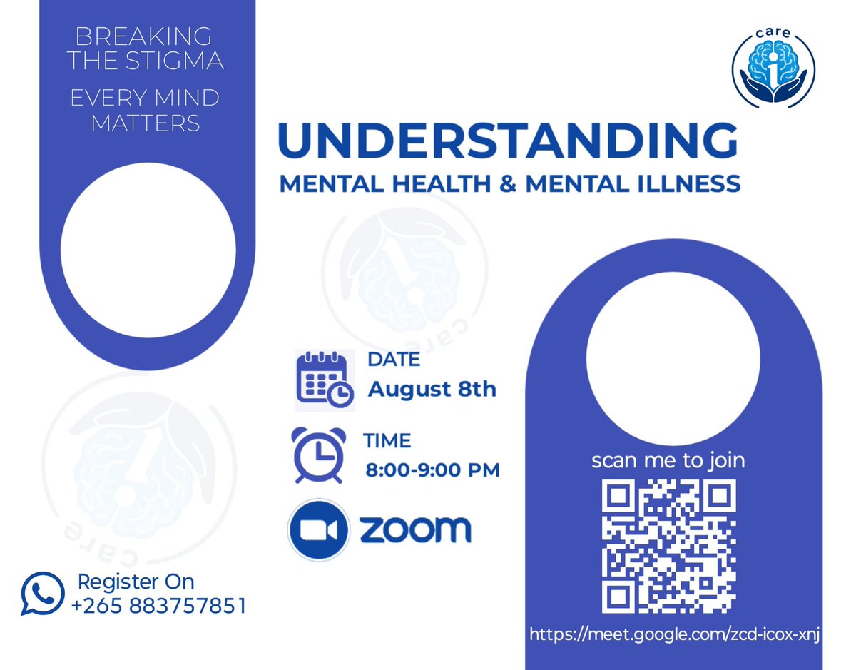 icaremhc's tweet photo. 🔔 Webinar Alert 📢
Join us this Saturday, 8th August 2026, from 8:00 PM, as we unpack Mental Health and Mental Illness.
Join by scanning the QR code, using the link https://t.co/OZh3Q8FMsT
This is the best place to ask questions, unlearn myths, and learn together. https://t.co/SHX8Yf0pww