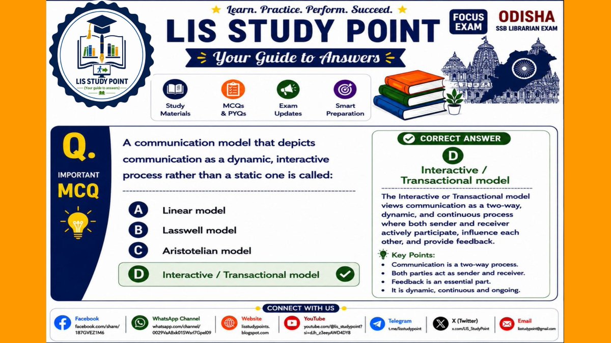 LIS_StudyPoint's tweet photo. 📚 LIS MCQ of the Day
Q. Which communication theory views the receiver as an active participant in interpreting the message?
✅ Answer: Osgood-Schramm Circular Model
A key concept for UGC NET (LIS), Odisha SSB, and other Librarian recruitment exams.
#LISStudyPoint #LISMCQ #LIS https://t.co/qQBck0ir5F