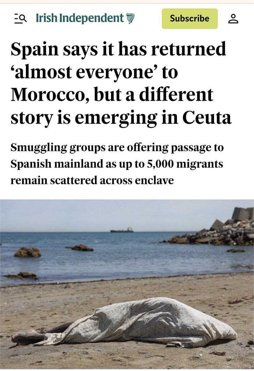 noshiteplease's tweet photo. #Ceuta #Invasion #AsylumRacket
The story that is actually emerging is, lies, lies & more lies from @vonderleyen @sanchezcastejon & the #EU
At least 5K Shysters remain Ceuta
To put this into context it would be like 5k Asylum Shysters invading Galway City https://t.co/ExjxjIIqaR