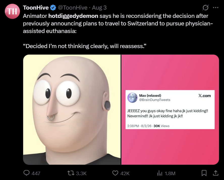 GiveMeBanHammer's tweet photo. The entire situation surrounding Max Gilardi (hotdiggedydemon) honestly enrages me...and it shows the level of honest depravity some people online gleefully allow themselves to partake in.

Context:
-Max livestreamed where he considered going to Switzerland for Assisted end-of-life because he was suffering from deteriorating health such as fibromyalgia and other conditions.
-His fans protested hard against him and told him not to go along with it, after a lot of encouragement and motivation he changed his mind and said he "will reassess".

Now the disgusting part of this story is:
Before and after he announced he was changing his mind...an entire mob of "moral and good people" decided to gloat about it, and outright CHEER for his initial decision (pic 2 onwards relevant).

The reason they did that? Because Max made edgy comics and cartoons 10-15 years ago...during a time when edgy jokes were the norm on the internet.

I don't know about you but in terms of pure disgusting behaviour - I would say telling someone they "deserve" to lose their life and that they should "rot" is much, MUCH more heinous and vile than drawing edgy cartoons.

As one of the people cheering for his initial decision to go to Switzerland - I will take a quote from you:

"Karma will come for you".