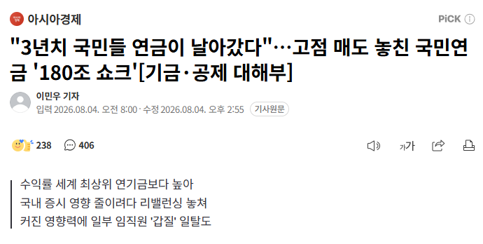 Patriot_KR's tweet photo. "3년치 국민들 연금이 날아갔다"…고점 매도 놓친 국민연금 '180조 쇼크'

연기금 리밸런싱 미루다 손실
외국인 배만 불려줌

"탄핵이 답" https://t.co/3TS0vIhgWv