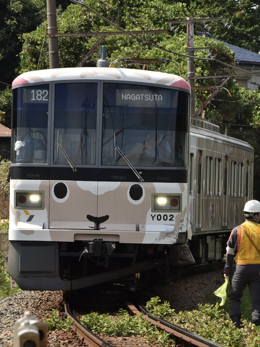 tkk5113's tweet photo. 8/4 Y000系Y002F トラックとの衝突に伴う臨時入場

こどもの国線内、恩田〜こどもの国間での事故により、長津田工場まで回送されました。運用や車両の修理など今後の動きはわかりませんが、当該車はスカートや台車周りが破損していました。昔のオリジナル塗装も見えてました。 https://t.co/LKOuXwDwAV