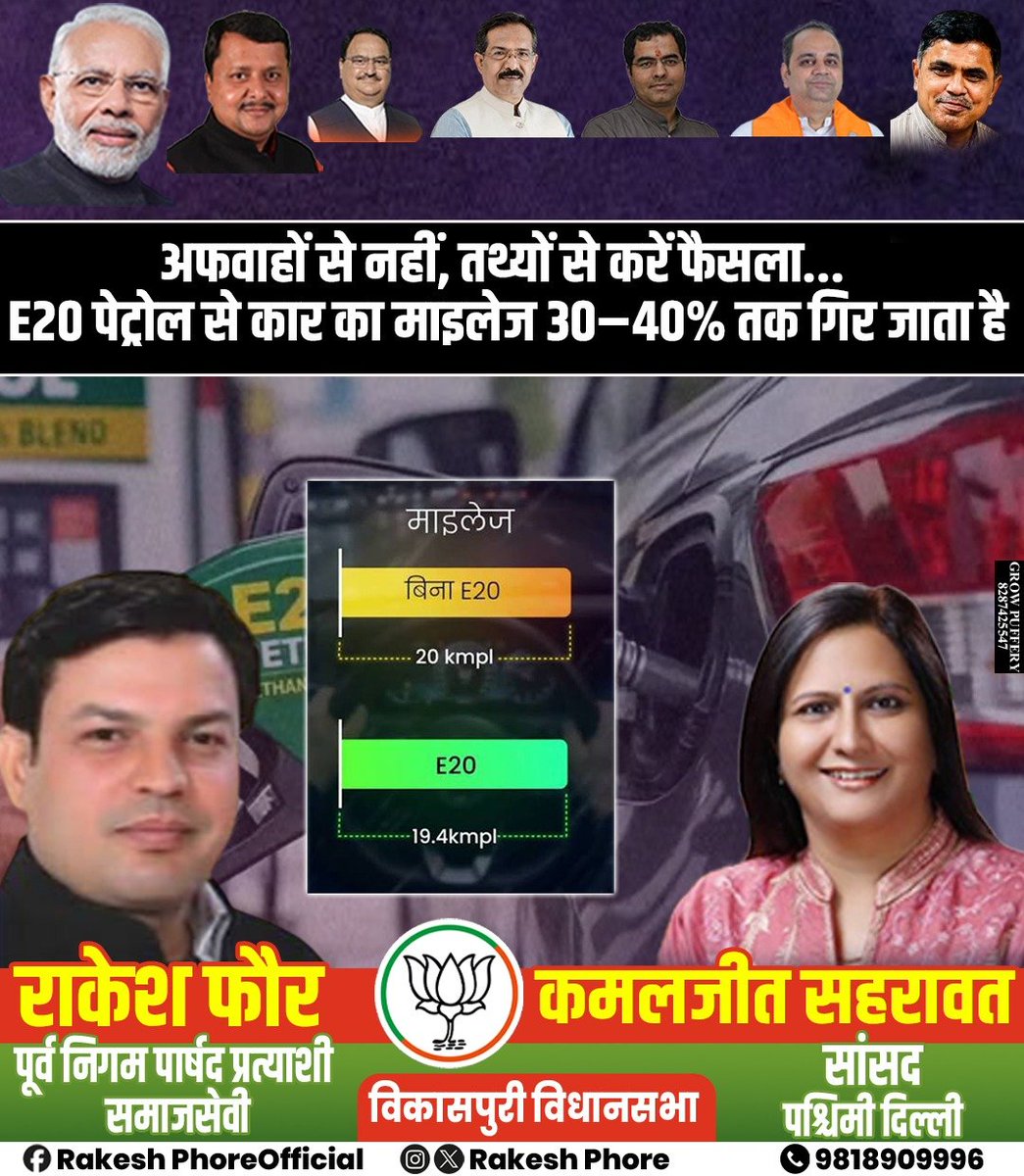 rakeshphore's tweet photo. अफवाहों से नहीं, तथ्यों से करें फैसला... 
E20 पेट्रोल से कार का माइलेज 30-40% तक गिर जाता है
#BJP https://t.co/XB7Q1pjR6e