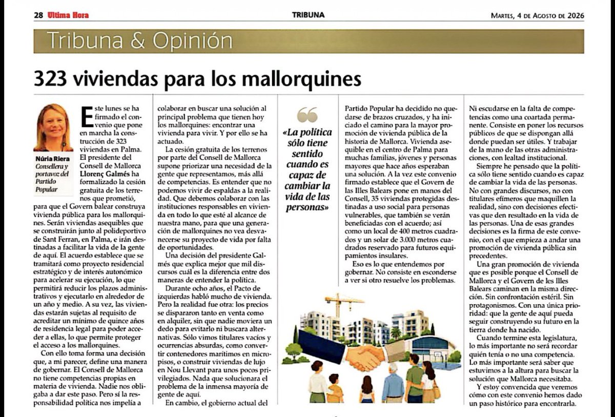 PPdeMallorca's tweet photo. ☀️ Bon dia! 

Lectura recomanada d’avui 👇🏼

📰 “323 habitatges per a la gent d’aquí: una manera de governar.”

Avui, a @UHmallorca, la portaveu @MNuriaRiera explica com la decisió del president @Ll_Galmes, de cedir els terrenys del @ConselldeMca, ha fet possible la major promoció d’habitatge públic impulsada mai a Mallorca.

💙 Perquè governar és posar els recursos públics al servei dels mallorquins.

🔗 https://t.co/JLBDN0Ve42